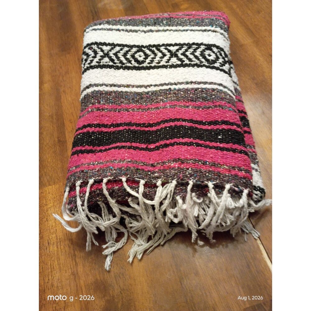 Southwestern Woven Serape Blanket Pink Black White Fringe Boho Camping Blanket